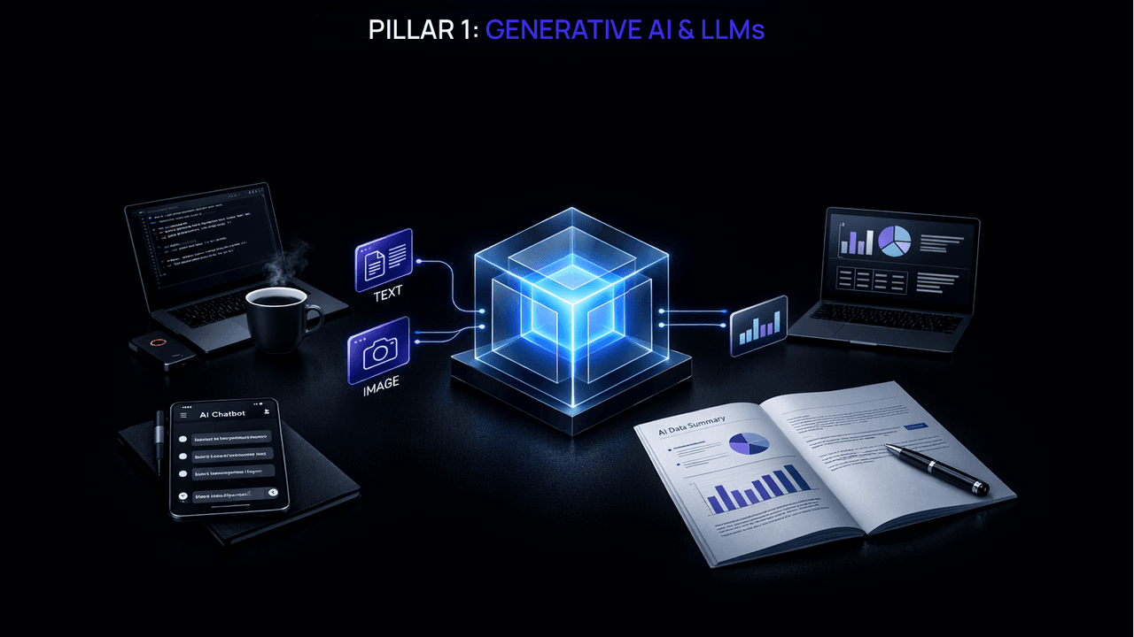 Pillar 1: Generative AI and LLMs concept showing a glowing cube connected to devices, chatbot interfaces, and data summaries