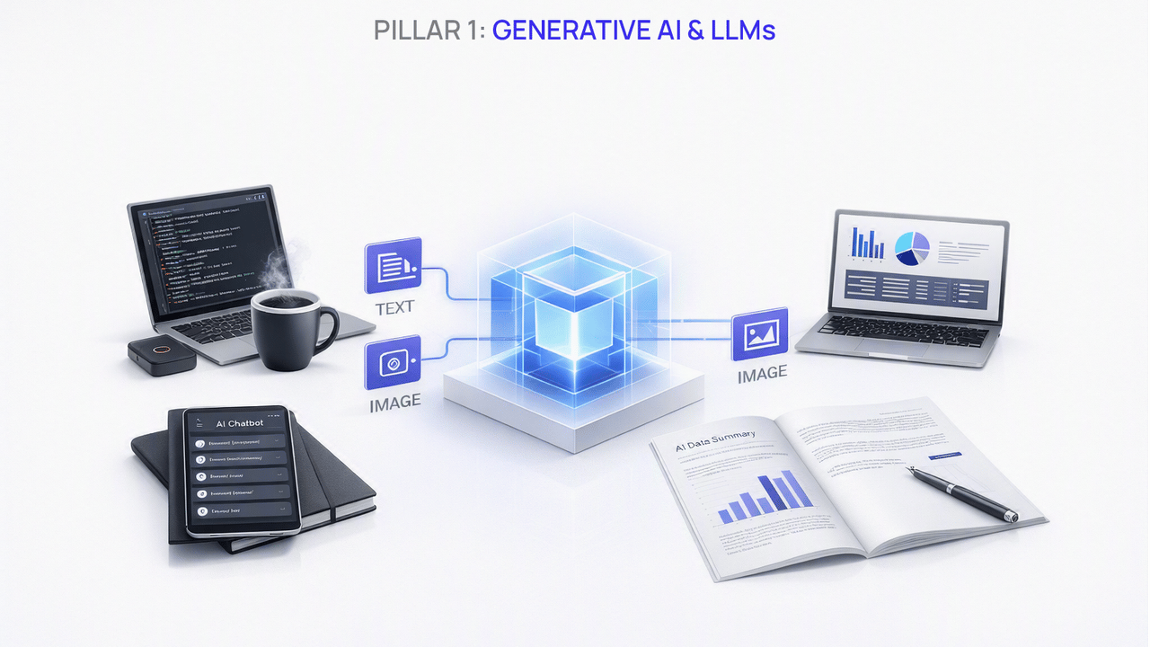 Generative AI and LLMs pillar illustration, light theme