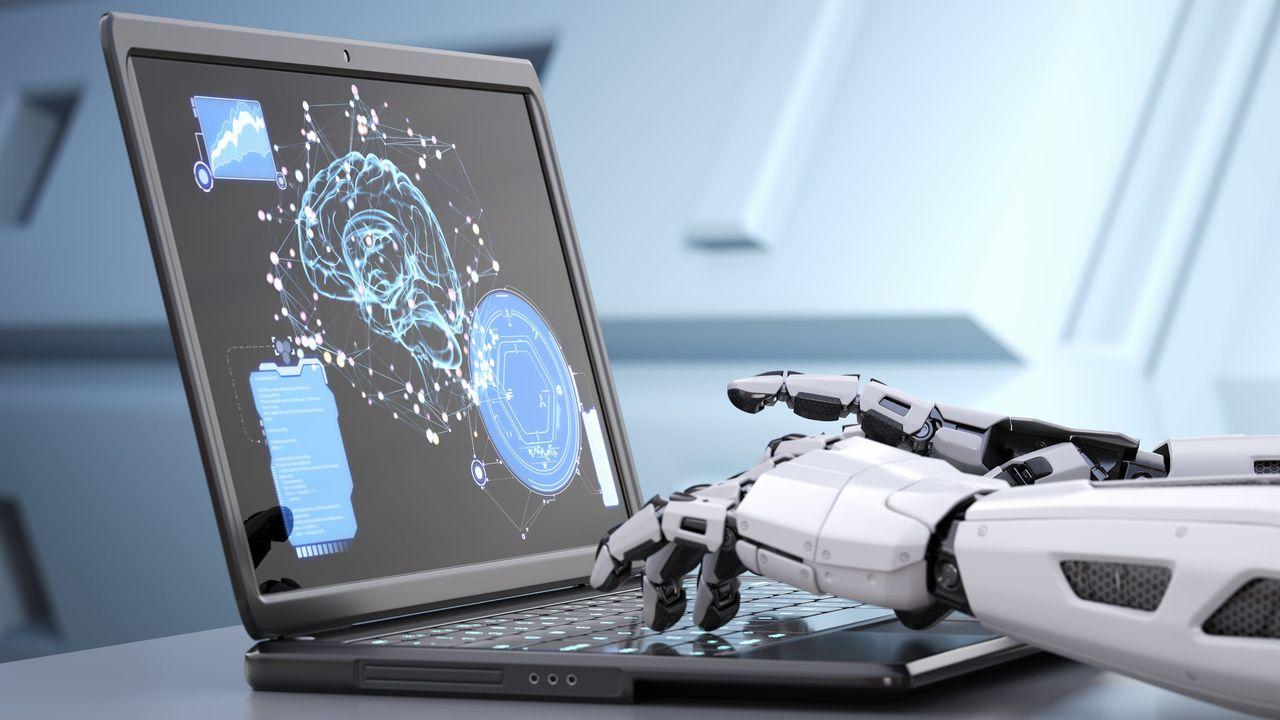 Robot hands typing on keyboard